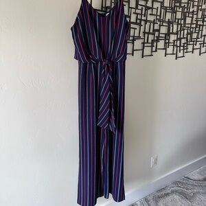 Navy Striped Jumpsuit with Tie Front